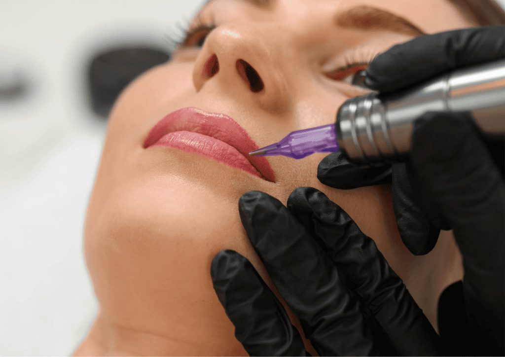 Semi-permanent makeup artist performing brow treatment in a Dubai studio